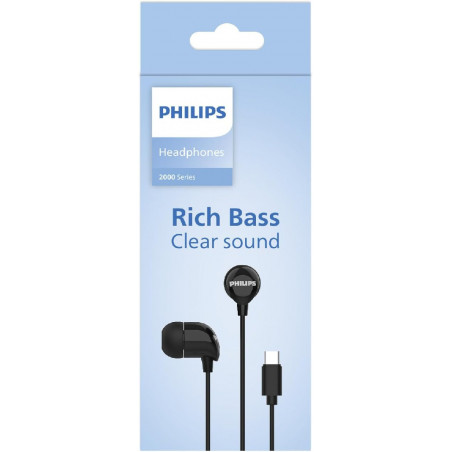 Philips TAE2146 Black In-Ear Earphones, USB-C Wired Connection, SmartphonePC Compatible, Microphone Included