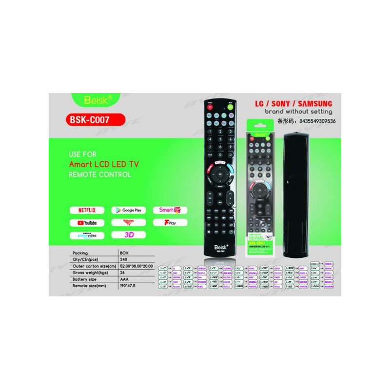 USE FOR AMART LCD LED TV REMOTE CONTROL BSK-C007