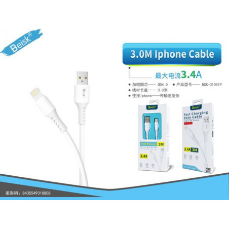 CABLE DE IPHONE 3.0M 3.4A BLANCO BSK-3109IP