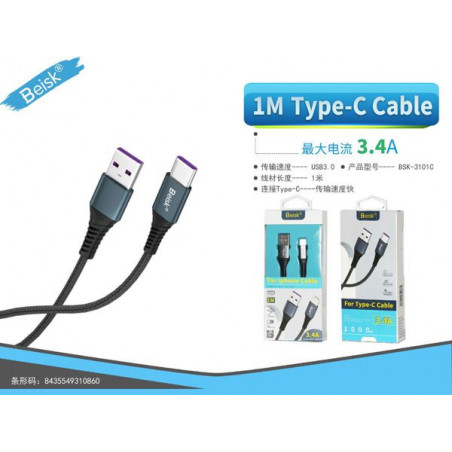 CABLE DE TYPE-C 1.0M 3.4A NEGRO BSK-3101C